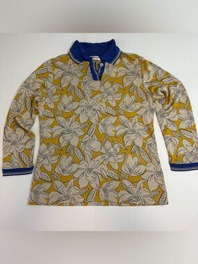 Sorriso Floral Knit Polo Sweater in Mustard & Cream with Blue Collar size Medium